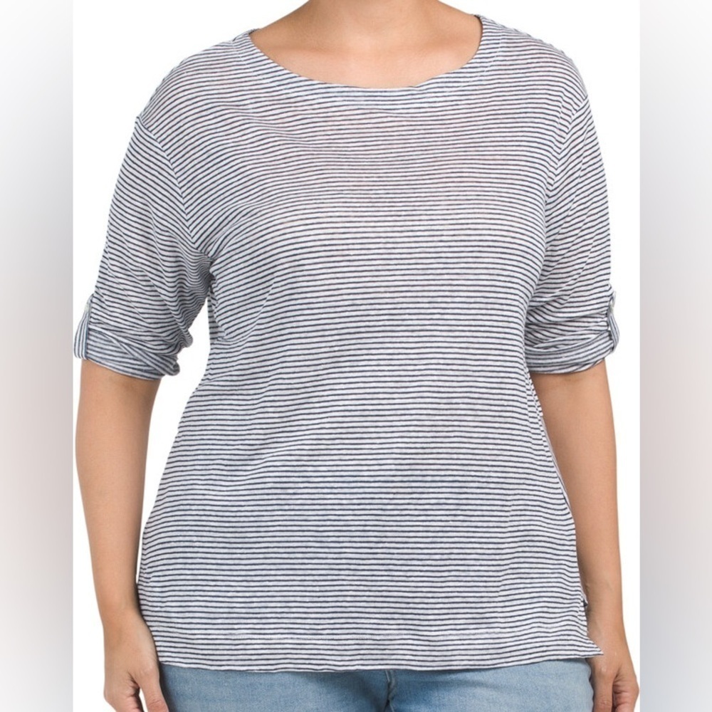 Adrienne Vittadini 2X Linen Three-quarter Sleeve Roll Tab Stripe Top Beachy - Picture 3 of 12